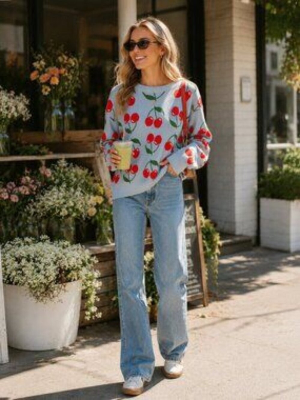 Miss Sparkling Cherry Print Sweater Gray Blue Fruit Graphic Knit Pullover Cute